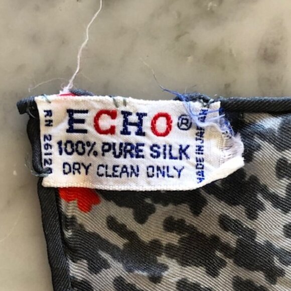 ECHO Silk Gray Red Square Scarf Vintage - Picture 4 of 16